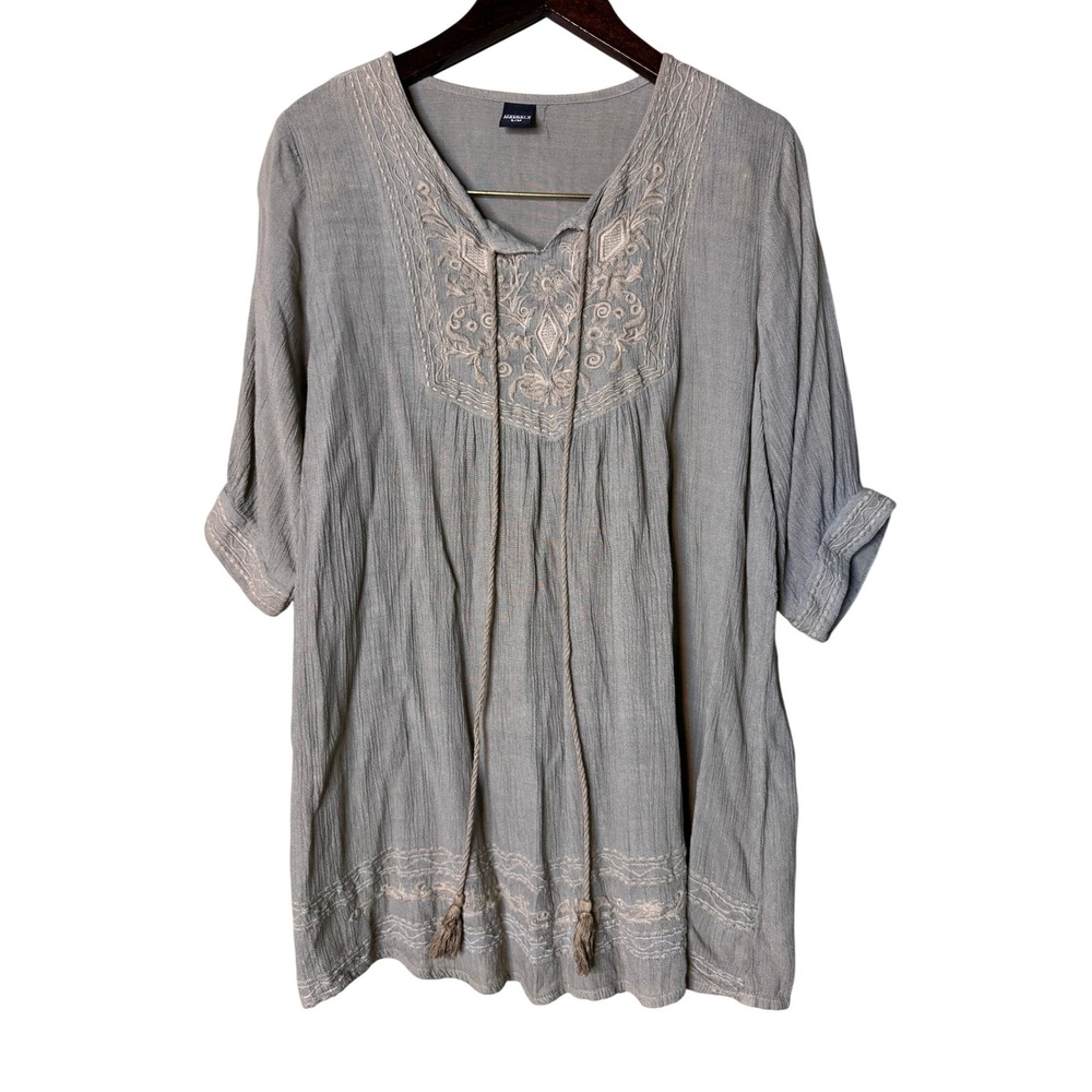 Mandala Gray‎ Embroidered Gauze Peasant Blouse Tassel Boho Top Womens SM